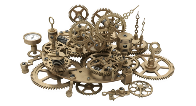 Complex arrangement of vintage clockwork gears, cogs, and springs isolated on transparent background