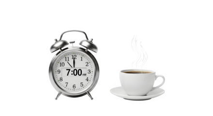 Alarm clock set to 700 am with a cup of coffee isolated on transparent background for morning routine