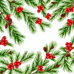 Panoramic view with pine branches, cones, holly berry. Horizontal border with Christmas tree on white background. Hand draw, watercolor style, decorative botanical illustration for design, vector