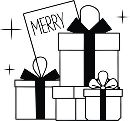 Festive gift boxes with ribbons and a merry holiday tag illustration