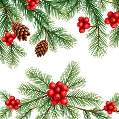 Panoramic view with pine branches, cones, holly berry. Horizontal border with Christmas tree on white background. Hand draw, watercolor style, decorative botanical illustration for design, vector