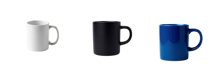 Three ceramic mugs in white black and blue isolated on transparent background