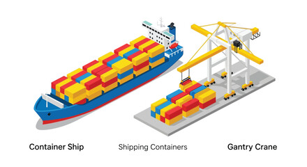 Isometric illustration depicting a container ship unloading cargo with a gantry crane