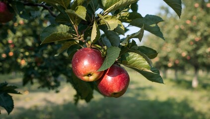 Two Red Spheres in Verdant Embrace. A Study of Texture, Color, and Natural Forms.