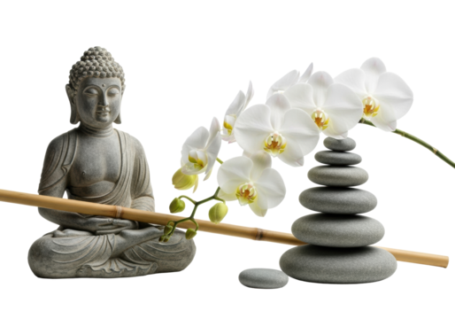 Weathered grey stone Buddha in meditative pose, balanced river stones, light bamboo, and vibrant white Phalaenopsis orchids on a transparent background with copy space, soft studio light. Concept