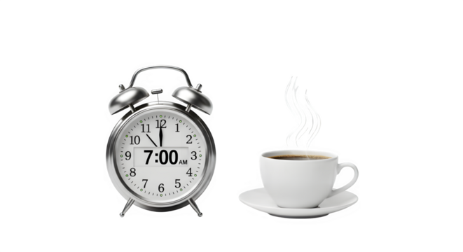 Alarm clock set to 700 am with a cup of coffee isolated on transparent background for morning routine