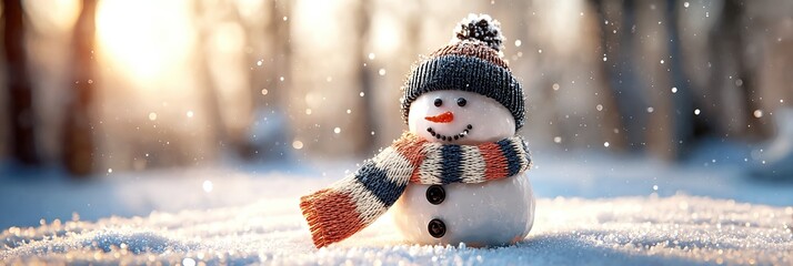Cute snowman in winter scarf and hat on snowy background with warm holiday lights