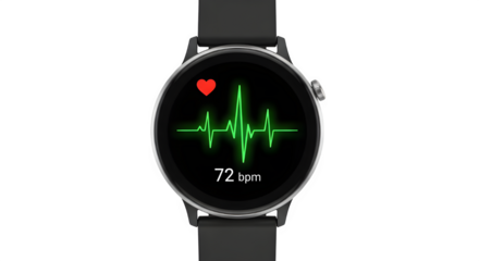 Smart watch with heart rate monitor display isolated on transparent background, health tracking