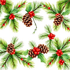 Panoramic view with pine branches, cones, holly berry. Horizontal border with Christmas tree on white background. Hand draw, watercolor style, decorative botanical illustration for design, vector