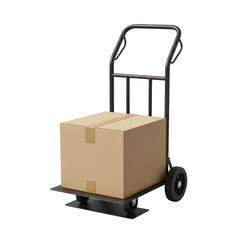 Cardboard box loaded onto a black metal hand truck isolated on transparent background