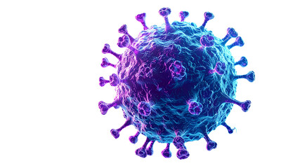 A vibrant, detailed 3D rendering of a virus particle, isolated against a stark black background