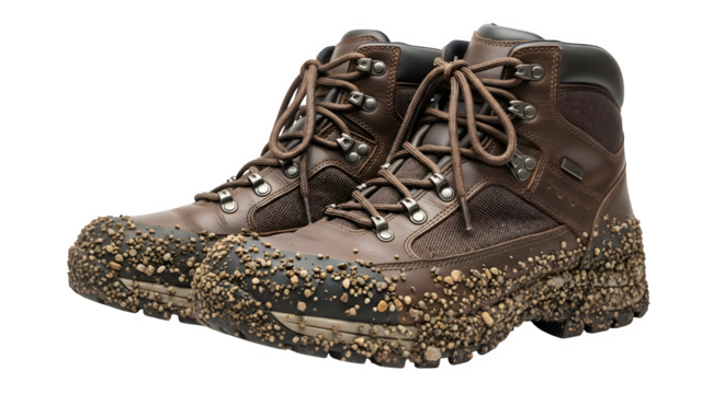 A pair of muddy brown leather hiking boots are shown isolated on transparent background, laces tied, ready for a trek, showcasing the wear and tear of outdoor adventures - Powered by Adobe