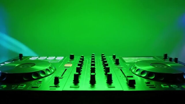 Green Screen dj mixer animation on a scene 4 with distortion, overlay, glitch, static noise, scan lines black background, 4k animated video loop