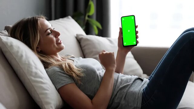 Green Screen woman lies at home on the sofa and using smartphone with mock up in vertical mode girl browsing internet watching content videos blogs scene 4 distortion, overlay, glitch, static noise