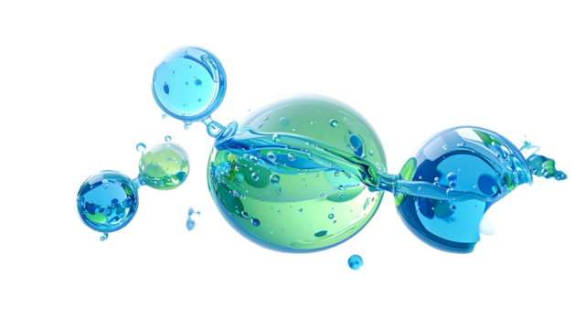 Abstract composition of interconnected, glassy orbs with water-like textures and effects