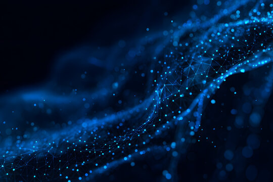 Abstract blue digital technology background of dots and lines. Concept for neural network, cybersecurity, data stream, database, supercomputer, cloud computing. Generative AI illustration