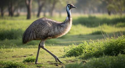 An emu walking across a grassy field on a sunny day in the australian outback, looking for food