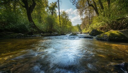 Verdant Waterway, Light and Shadow Play Gentle Stream Through a Forested Landscape.