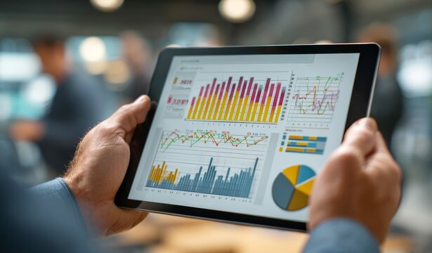 Business professional analyzing financial data on tablet screen