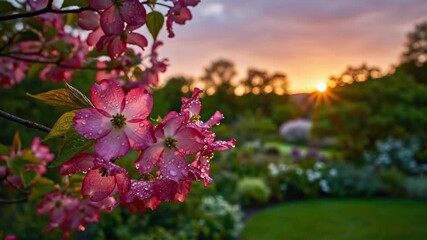Dogwood Blooms at Sunrise - A branch of pink dogwood flowers covered in water droplets is featured prominently in the foreground, set against a beautiful sunrise.