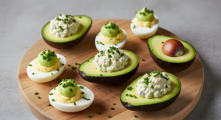 Deviled eggs and avocado deviled eggs on a wooden board, garnished with fresh chives