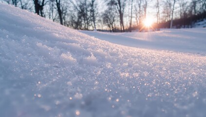 Winter Glacial Surface Frozen Crystals Under a Glowing Horizon, Reflecting Sunlight.