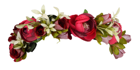 Red rose flowers in a beautiful artificial wreath isolated on white or transparent background