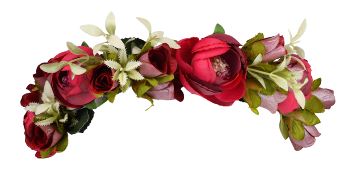 Red rose flowers in a beautiful artificial wreath isolated on white or transparent background