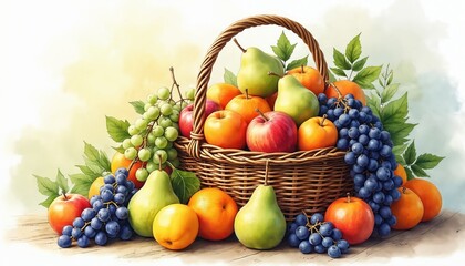 Still life art of fruit basket. Watercolor illustration presents apples pears oranges, grapes. Healthy food is isolated on soft background. Autumn harvest concept. Fruits displayed in wicker basket.