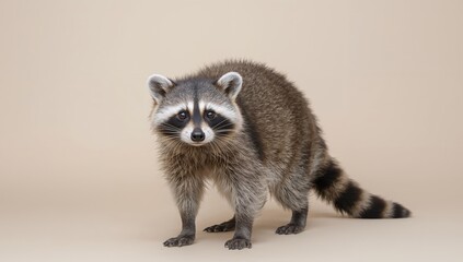 Obraz premium A Furry Enigma. The Striped Tail and Masked Face on a Muted Background.