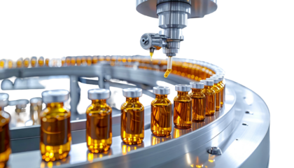 Automated dispensing machine filling rows of amber-colored vials on a circular conveyor belt