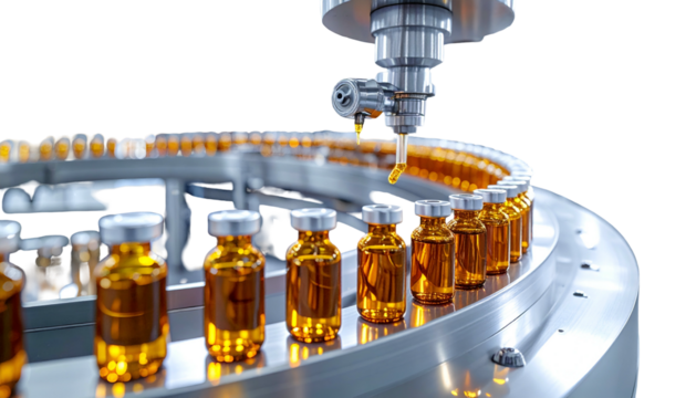 Automated dispensing machine filling rows of amber-colored vials on a circular conveyor belt