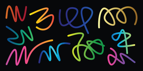 Colorful abstract neon squiggles and wavy lines design elements set