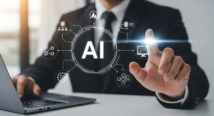 Businessman interacting with artificial intelligence ai technology on a digital interface, symbolizing innovation and future business growth