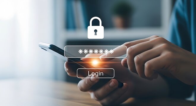Person logging into a smartphone with a password and lock icon