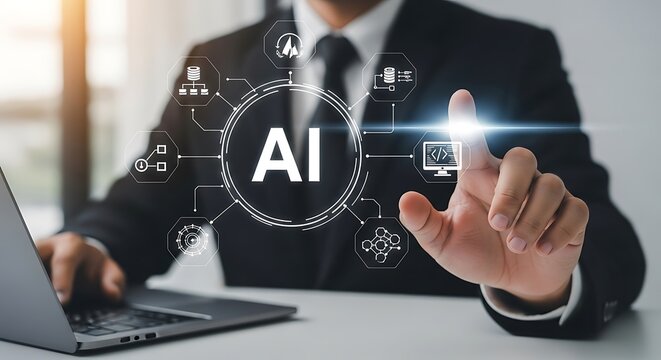 Businessman interacting with artificial intelligence ai technology on a digital interface, symbolizing innovation and future business growth - Powered by Adobe