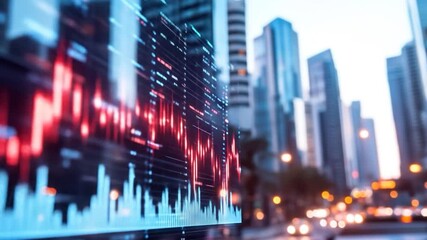Digital financial data overlay modern cityscape skyscraper buildings urban scene analytics - Powered by Adobe