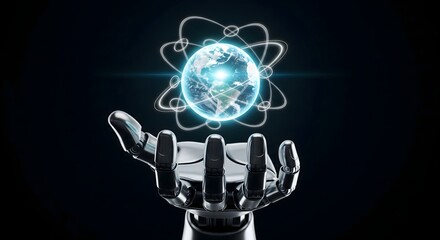 Obraz premium Futuristic robotic hand holds a glowing blue Earth globe surrounded by abstract white digital orbits, representing global network connection and advanced technology.