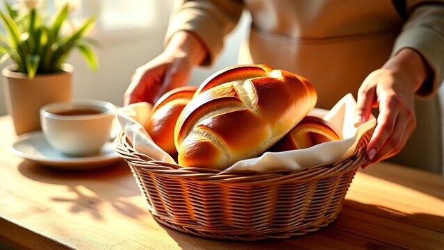 Close-up shot of a person's hands placing a basket of freshly baked bread rolls on a wooden table near a cup of coffee and a potted plant in a well-lit room, ideal for breakfast or brunch