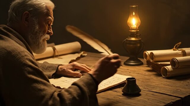 Elder man writing ancient text with quill pen by oil lamp light. Historical scribe creating manuscript for biblical records.