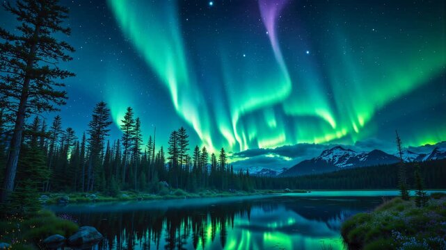 Una aurora boreal ilumina el cielo sobre un lago rodeado de pinos y monta&ntilde;as nevadas, reflejando su brillo verde en el agua.
