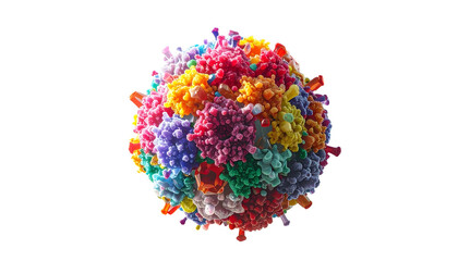 Colorful, spherical, microscopic biological structure, resembling a virus, isolated on black