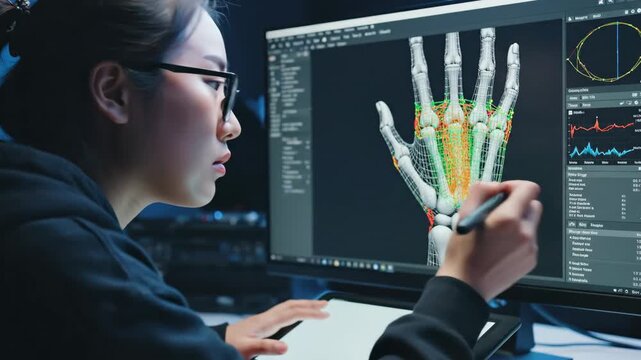 Animator Working on 3D Hand Model - A focused Asian woman wearing glasses is digitally animating a 3D model of a hand skeleton on her computer screen.