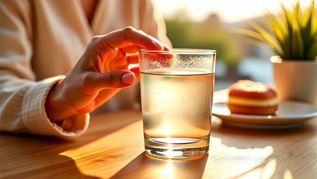 Enjoying a refreshing moment with a glass of crisp, clear water, beautifully illuminated by the warm golden morning sun, symbolizing a fresh start and healthy hydration choice