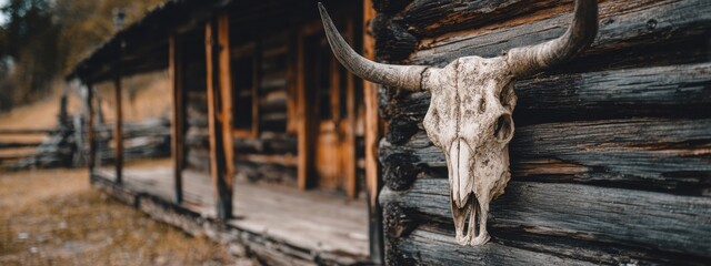 Close up of a longhorn bull skull. Animal bones decorate ranch on wild west. Skeleton symbolizes Texas western culture and cowboy lifestyle in rustic art. Cattle head with big horns.