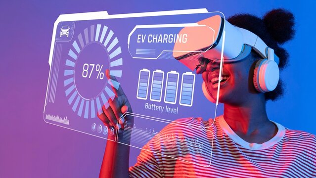 Enthusiastic individual engages with a virtual reality headset, exploring electric vehicle charging technology. Bright colors enhance the immersive digital experience. Raster