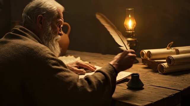 Elderly man with long beard writing on ancient paper with feather pen, illuminated by oil lamp light. Biblical era concept.