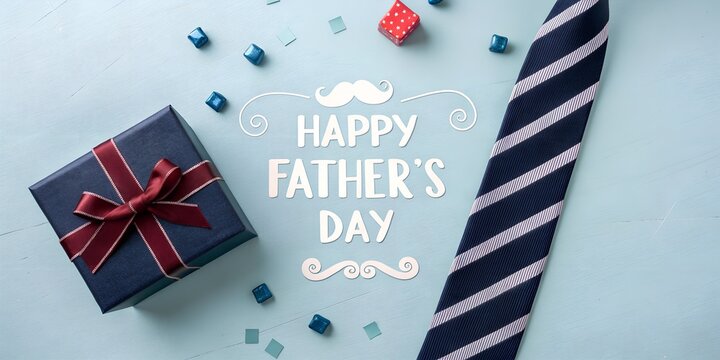 Happy father s day gift box and striped tie on a light blue background