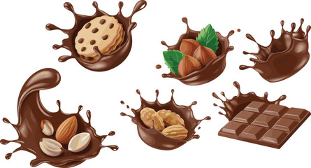 Chocolate Splash Vector Set Featuring Cookies, Almonds, Walnuts, and Bar Segments for Confectionery Packaging, Dessert Design, Advertising, and Illustration