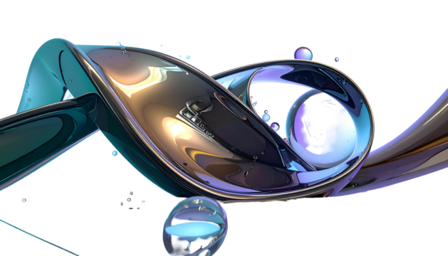 Abstract 3D rendering with metallic ribbons and spheres, swirling against black